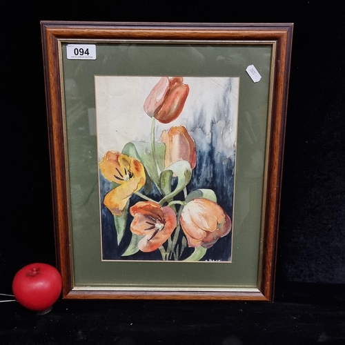 94 - A charming watercolour on paper painting. Features a still life botanical study of tulip flowers. Re... 