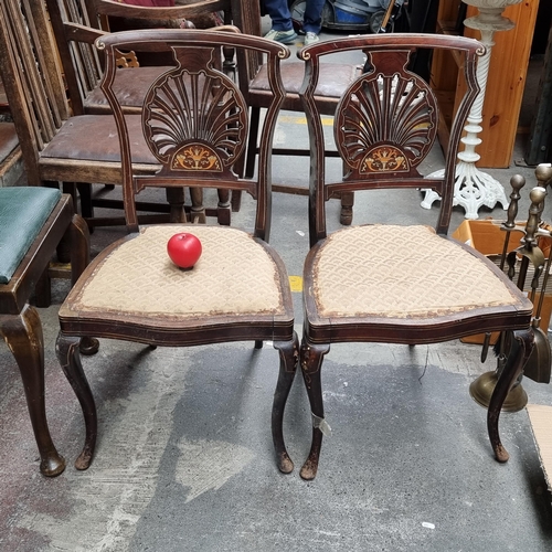 842 - Two Victorian Hepplewhite style inlaid chairs with original upholstery. Made from mahogany with ivor... 