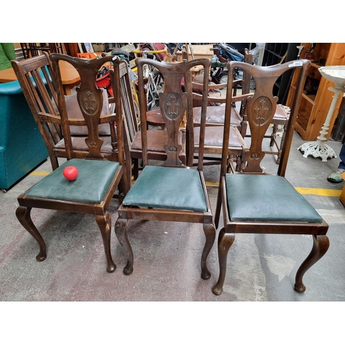 843 - Three antique art nouveau  dining chairs, possible mahogany or walnut, with upholstered drop in leat... 