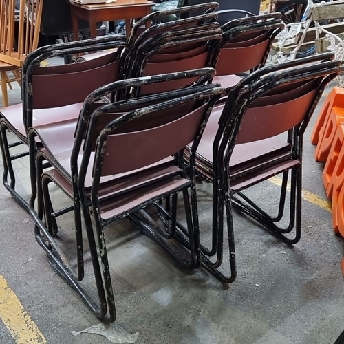 936 - Set of 16 vintage metal-framed stacking chairs with burgundy seat and backrest panels. Industrial st... 