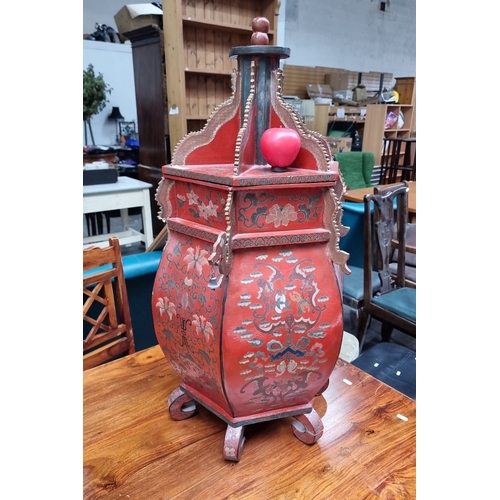 937 - Star lot..A vintage red lacquered hexagonal incense burner or jar, decorated with intricate floral m... 