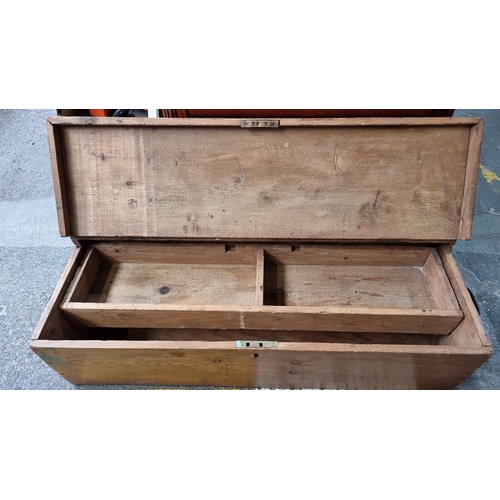 958 - Antique wooden storage chest with hinged lid and internal tray.  Likely made from pine.