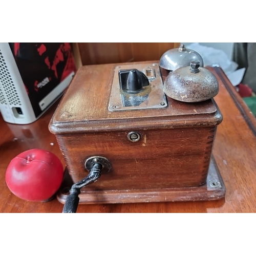 959 - Vintage Bell Set No. 20, early 20th-century wooden telephone bell box. Features dual metal bells and... 