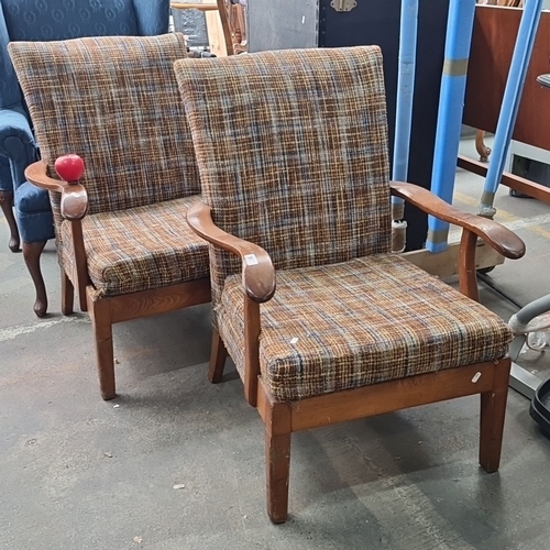 967 - Pair of Mid-Century Modern wooden armchairs with plaid fabric upholstery.