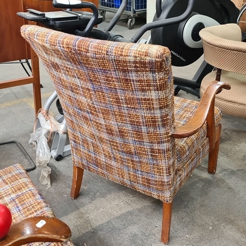 967 - Pair of Mid-Century Modern wooden armchairs with plaid fabric upholstery.