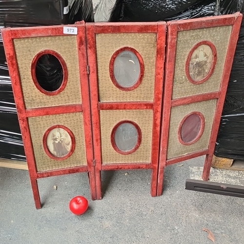 973 - Antique three-panel folding screen with oval photograph frames. Red velvet trim and woven fabric pan... 