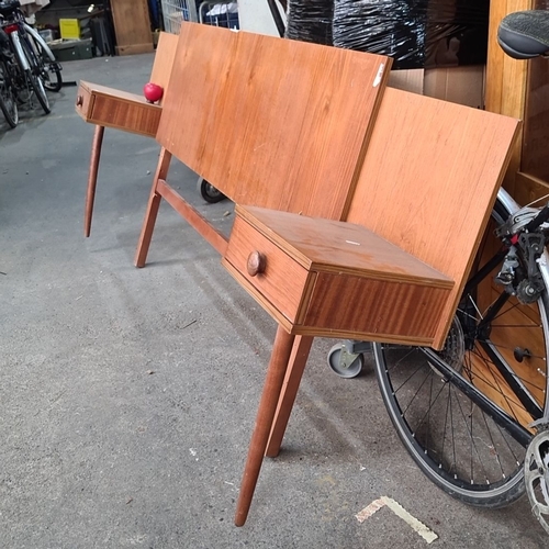 983 - A lovely teak mid century modern wooden headboard with attached bedside tables, featuring single-dra... 