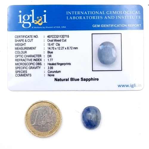 908 - A Natural Blue Sapphire Oval Mixed cut gem stone. Certified IGLI.
Weight: 15.4 Cts Measurement: 14.7... 