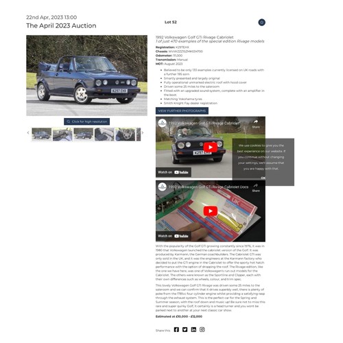 165 - Super Star Lot : A very rare VW Gold GTI Rivage convertible. Dark Blue. 91D 163K Miles, Manual Karma... 