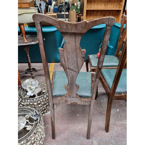 843 - Three antique art nouveau  dining chairs, possible mahogany or walnut, with upholstered drop in leat... 