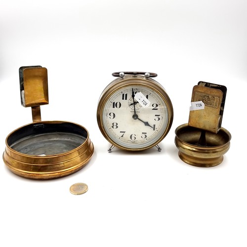 930 - A mixed lot of vintage brass items including two vesta ash trays along with a 'Bayard' alarm clock.