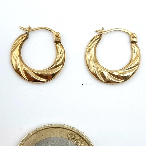20 - A pair of nine carat gold hoop earrings - suitable for pierced ears. Weight - 0.45 grams.