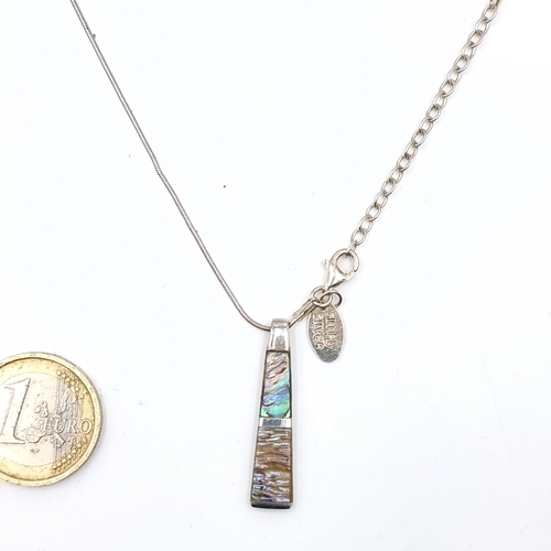 27 - An attractive abalone silver pendant and chain. Length - 44 cms. Weight - 5.9 grams.