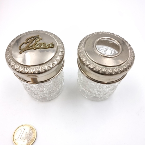 50 - A set of two hob nail glass dressing table jars with EPNS screw top lids, one for pins and one for h... 