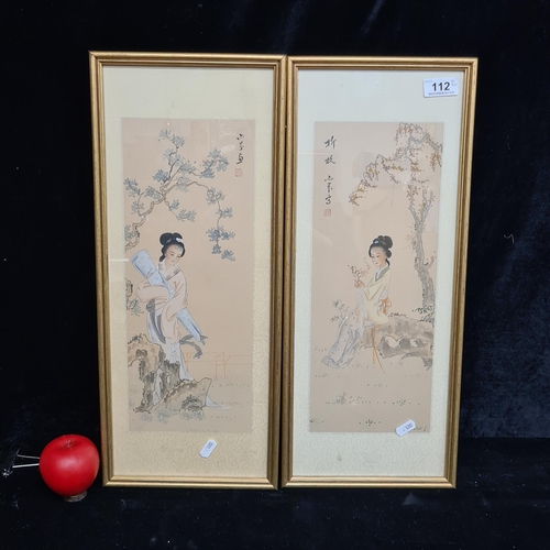 112 - A beautiful pair of Chinese gouache on silk paintings. Featuring traditional ladies in garden settin... 