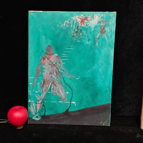 113 - A interesting original oil on canvas painting. Features a surreal expressionist scene of a figure cl... 