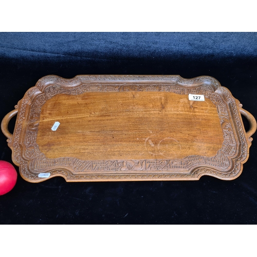 127 - A stunning antique Indian hand carved oriental wooden tray from the height of the British Empire. Su... 