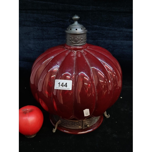 144 - A wonderful vintage large hanging candle lamp featuring brass accents and red glass