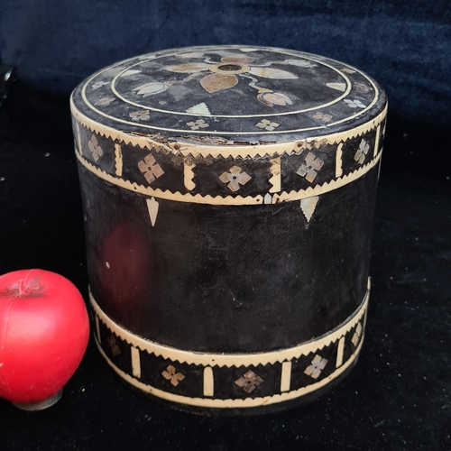 175 - A beautiful antique handmade wooden Burmese Betel  cylindrical box featuring bone and Mother of Pear... 