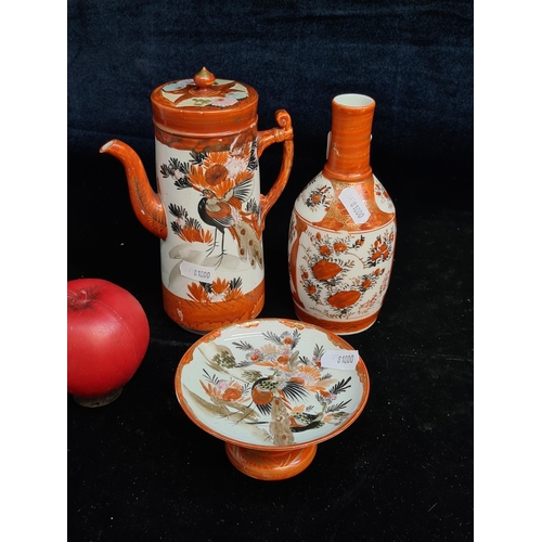 178 - A Japanese Kutani bud vase, coffee pot and small comport. All in good condition with marks to base.