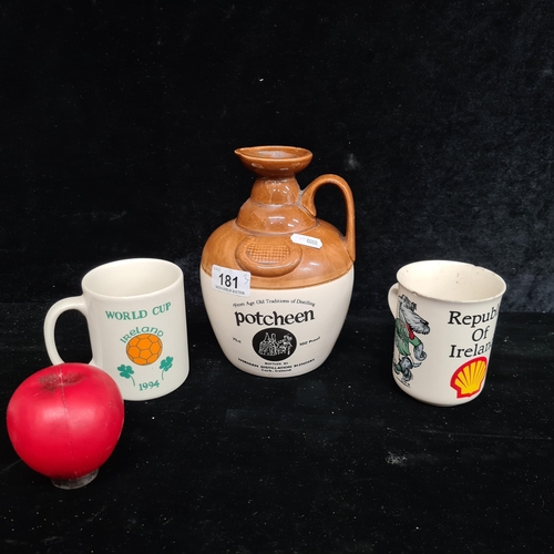 181 - Three vintage items including an Ivernian Distillation whiskey flagon and two commemorative World Cu... 