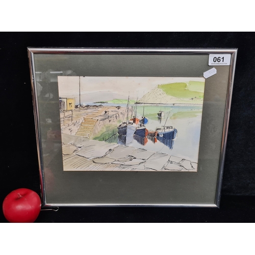 61 - A wonderful watercolour and pen on board painting. Features a harbour landscape scene. Rendered in c... 