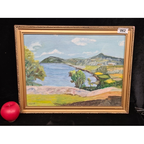 62 - A lovely original 'M.Scott' (Irish) oil on board landscape painting titled ' Killiney Bay, with Suga... 