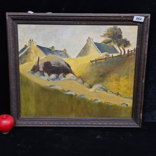 64 - A charming early 20th century oil on board painting. Features a serene rural landscape with cottage ... 