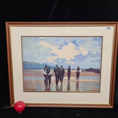 66 - A high quality large print of a John Skelton painting titled 'Men of Aran'. Housed in a wooden gilt ... 