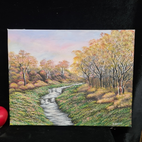 70 - A vibrant oil on canvas painting. Features a wooded landscape with meandering stream. Rendered in a ... 