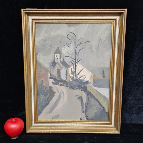 71 - An original Italian oil on canvas painting. Features a rural church landscape. Rendered in a muted c... 