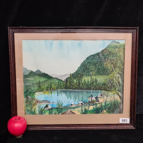 83 - A charming original 'Bernard Lyons' watercolour on paper painting. Features a calm forest mountain l... 