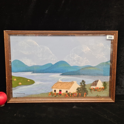 88 - A charming textile collage painting. Features a coastal landscape with cottages and bright garden fl... 