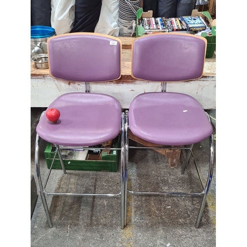 721 - Star Lot : A pair of designer Dauphin Italian  oversized  bar stools with purple leather seats, chro... 