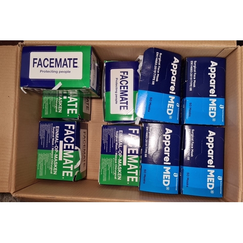 729 - A box containing multiple packs of Facemate and Apparel Med surgical face masks. Each pack holds 50 ... 