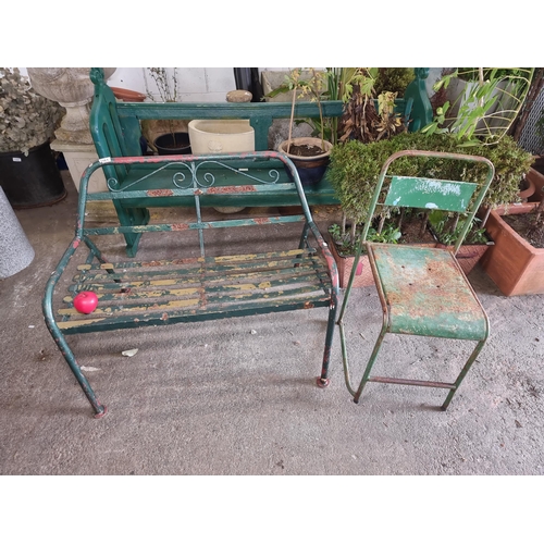 1161 - A super pair of industrial style. metal two seater bench and chair. Lovely green paint.