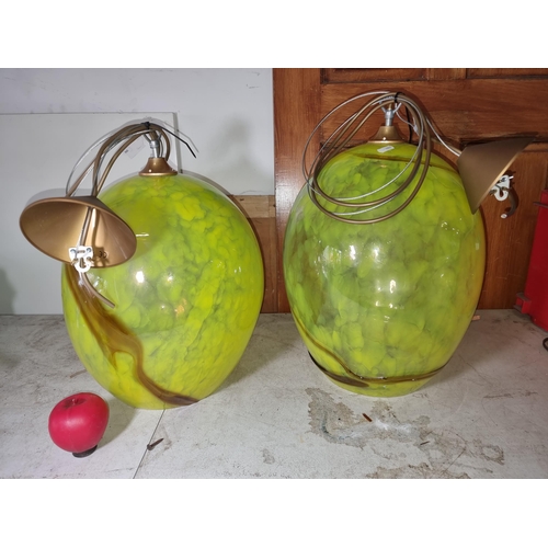 1173 - Two beautiful large  egg shaped hand blown art glass parrot green large glass pendants