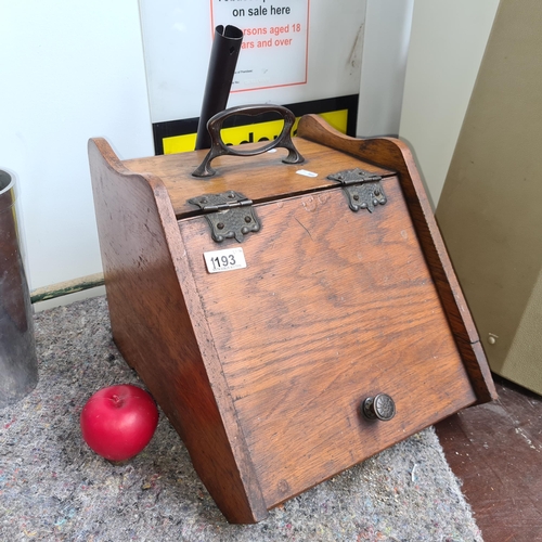 1193 - An art nouveau wooden coal box with shovel.