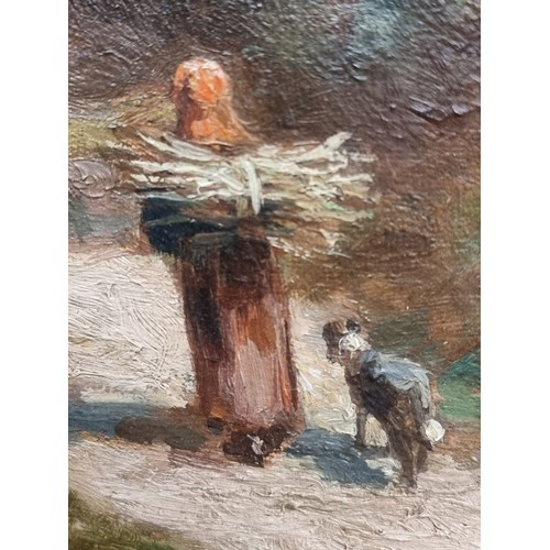 67 - Star Lot: A large 19th century well achieved oil on canvas painting. Features a rural scene of a fig... 