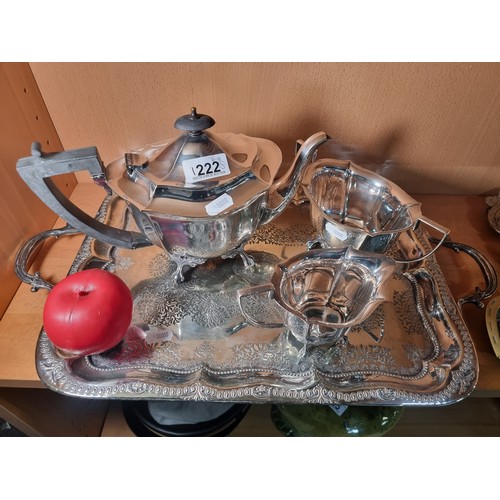 1222 - A beautiful silver plated serving tray along with a classic teapot and two pieces of silver plated t... 