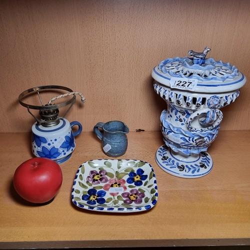 1227 - Four pieces of pottery including a beautiful hand painted ornate lidded ceramic pot featuring a deli... 