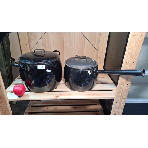 412 - Set of two large vintage Anglo enamelware pots, including a 2.5-gallon model. Black finish with lids... 