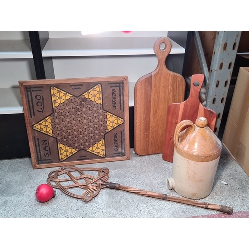 419 - Mixed lot includes an double sided Ante-Up Rummy game board / Chinese Checkers game board, two woode... 