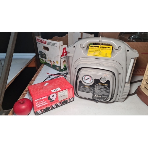 425 - Gunson 6 & 12 Volt Battery Charger and Halfords Portable Powerpack 100, including cables.