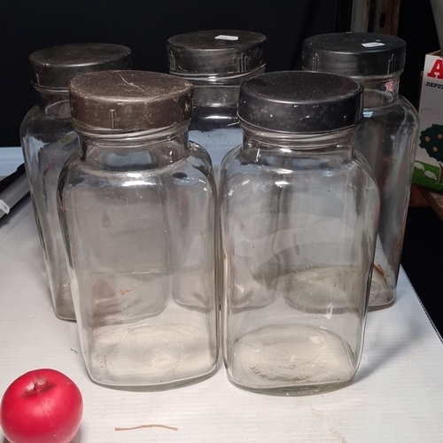 426 - Set of five original antique glass boiled sweet jars with screw caps.