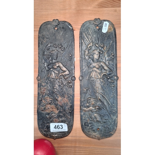 463 - A pair of cast iron door plates depicting classical female figures from the Victorian period. They a... 