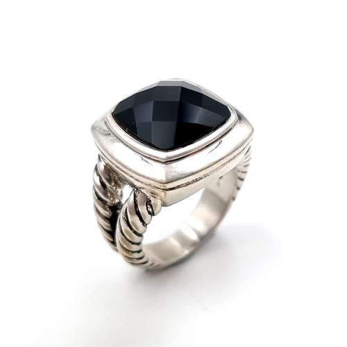 22 - A new Gents 925 silver  facet cut black gemstone set pinkie  ring with twist rope mount. Size - N. W... 