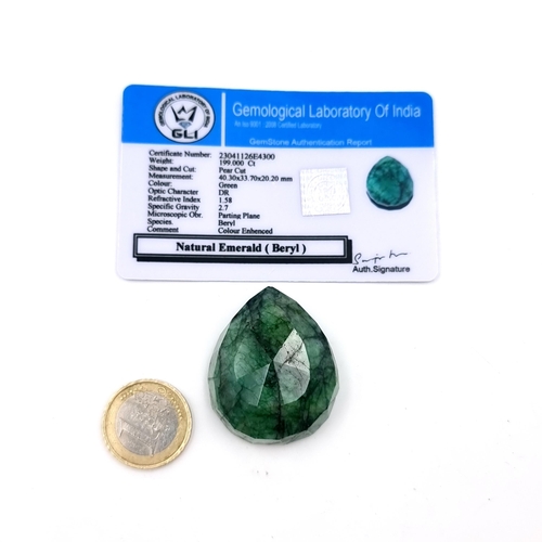 56 - Star Lot : A very large facet cut teardrop natural emerald of 199 carats. Comes with certificate of ... 