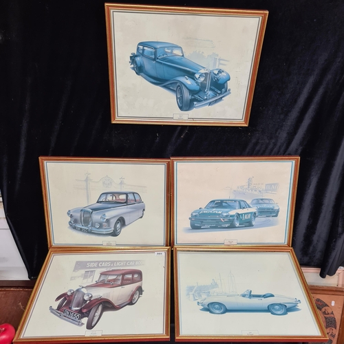 89 - A series of five prints featuring Jaguar Classic Sports cars including '1961 Daimler Majestic' 'Raci... 