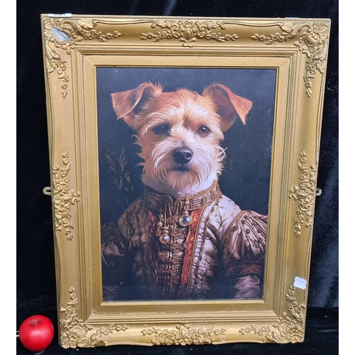 91 - A great print of a humorous portrait of a dog in military uniform. Housed in an ornate gilt frame. G... 